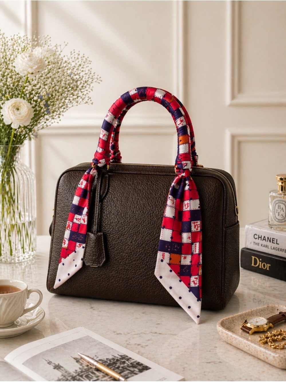PINK & RED SQUARE PARIS PRINT SKINNY SCARF STYLE BAG HANDLE WRAP HAIR NECK TIE